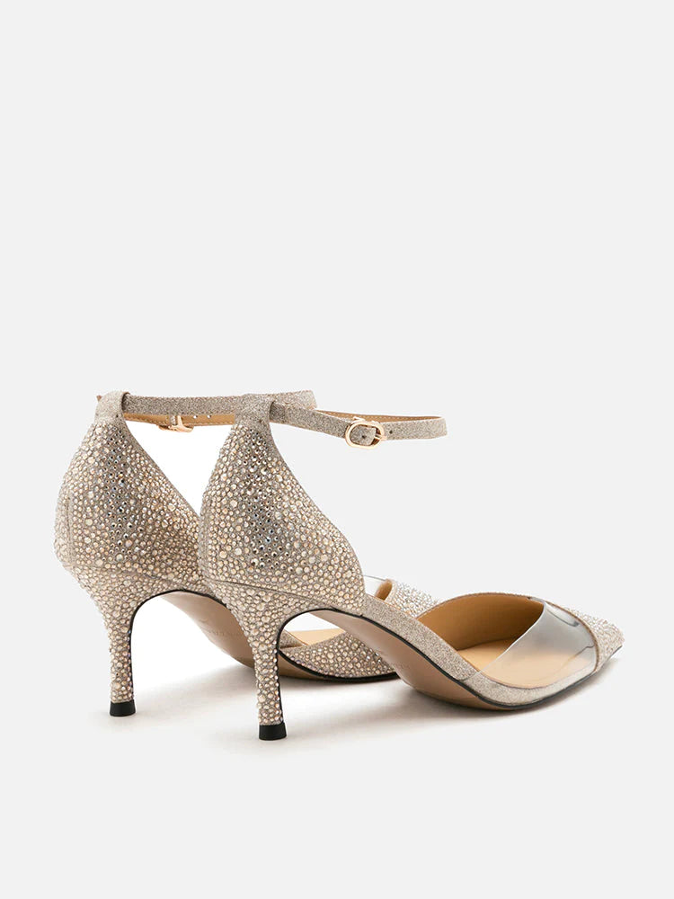 PAZZION, Madeline Crystal V-Cut Ankle Strap Pump Heels, Gold