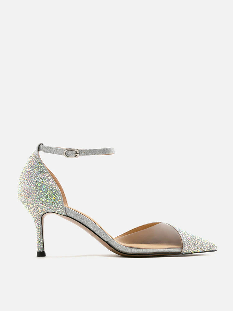 PAZZION, Madeline Crystal V-Cut Ankle Strap Pump Heels, Silver