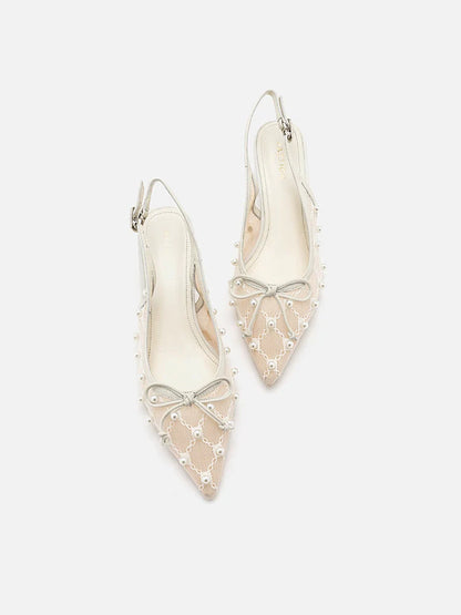 PAZZION, Maia Pearl Dï¿½cor Bow Slingbacks Kitten Heels, Beige