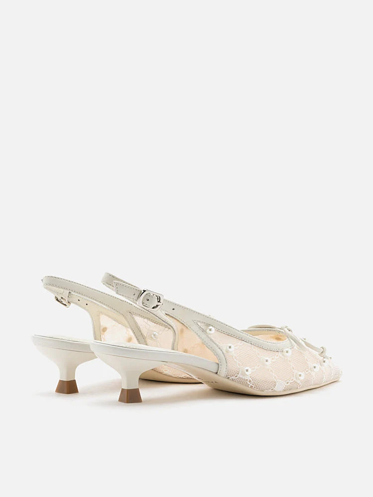 PAZZION, Maia Pearl Dï¿½cor Bow Slingbacks Kitten Heels, Beige