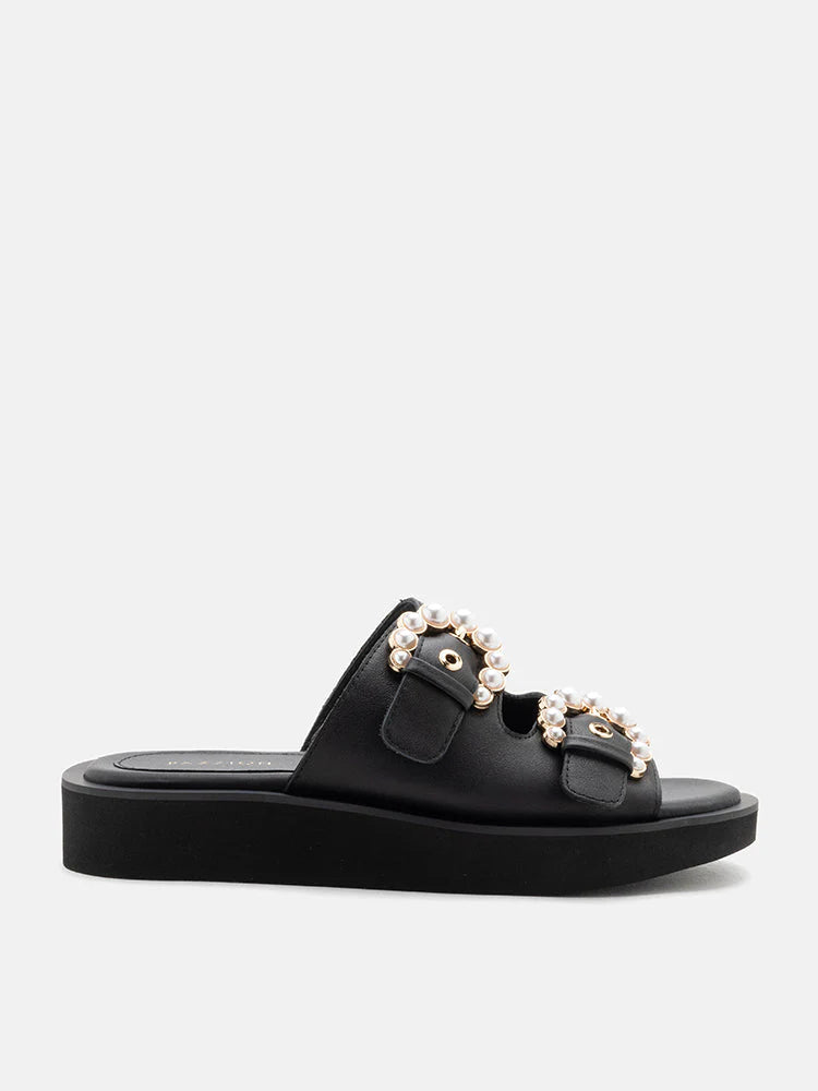 PAZZION, Maisie Double Pearl Buckle Slides, Black