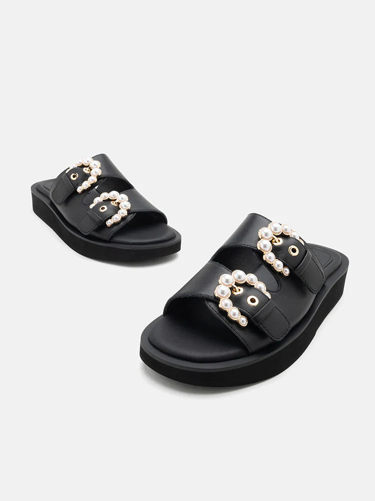 PAZZION, Maisie Double Pearl Buckle Slides, Black