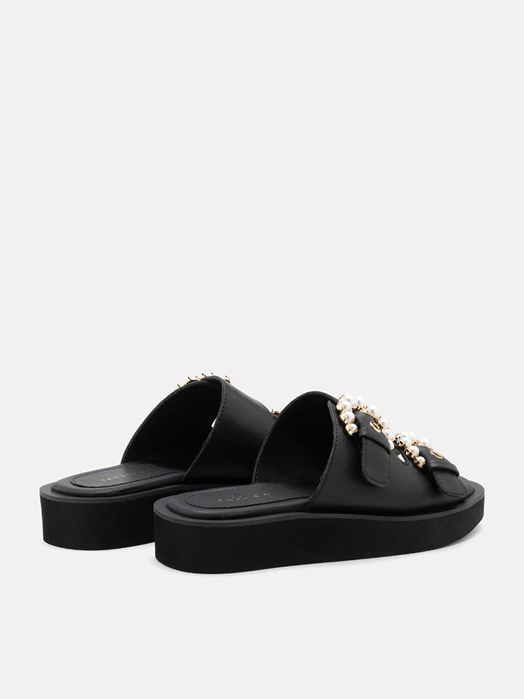 PAZZION, Maisie Double Pearl Buckle Slides, Black