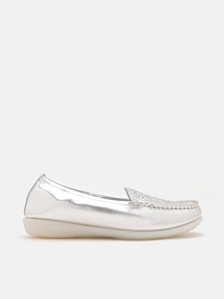 PAZZION, Mali Jewelled Cowhide Moccasins, Silver