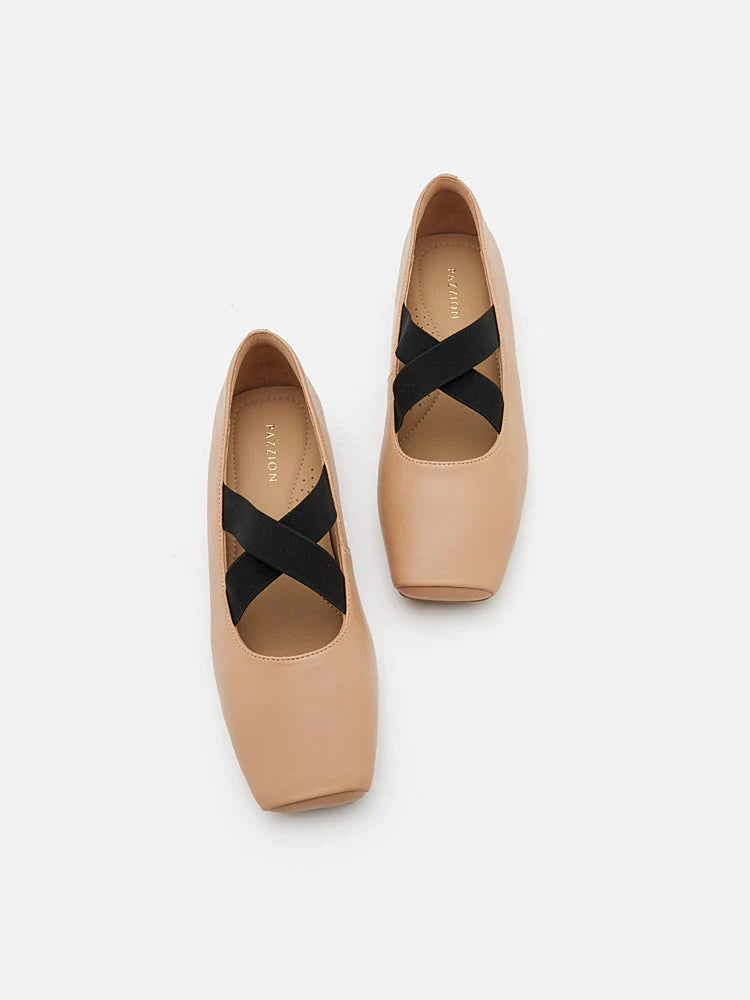 PAZZION, Mandy Square Toe Criss Cross Strap Ballet Flats, Almond