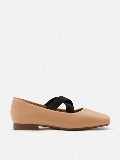 PAZZION, Mandy Square Toe Criss Cross Strap Ballet Flats, Almond