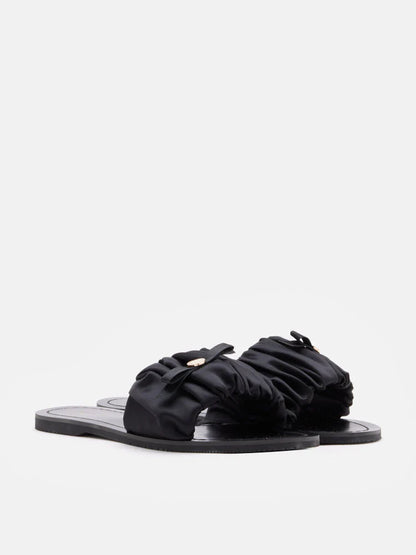 PAZZION, Maribel Ruched Satin Slide Sandals, Black