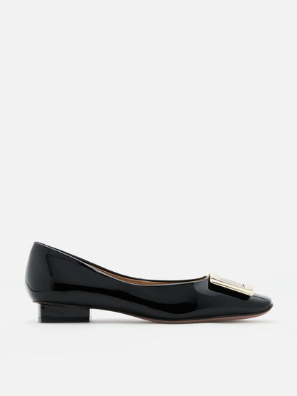 PAZZION, Marlie Buckle Patent Leather Low Heels, Black