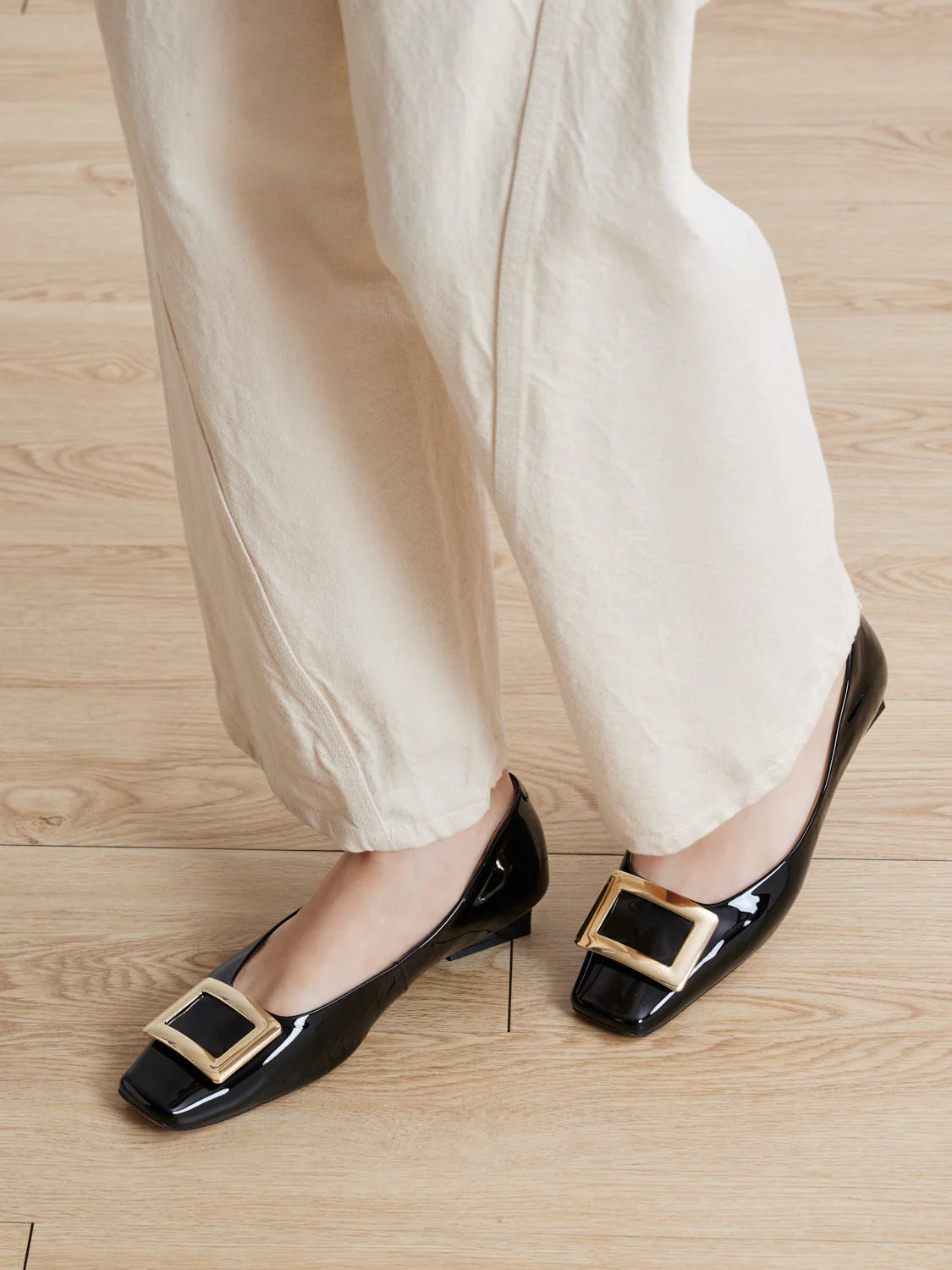 PAZZION, Marlie Buckle Patent Leather Low Heels, Black