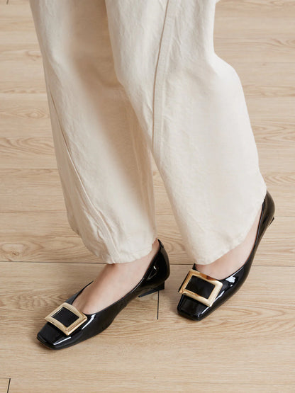 PAZZION, Marlie Buckle Patent Leather Low Heels, Black