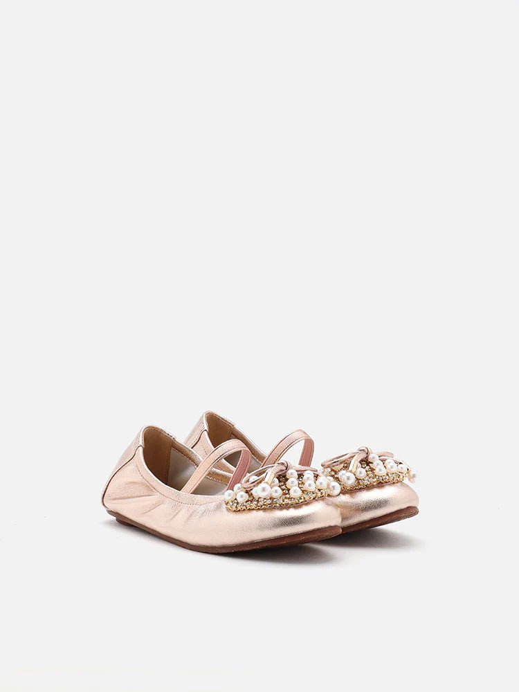 PAZZION, Mini Zoelle Pearls and Crystal Encrusted Flats, Champagne