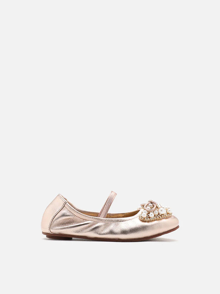 PAZZION, Mini Zoelle Pearls and Crystal Encrusted Flats, Champagne