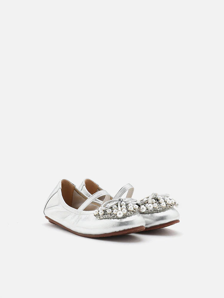 PAZZION, Mini Zoelle Pearls and Crystal Encrusted Flats, Silver