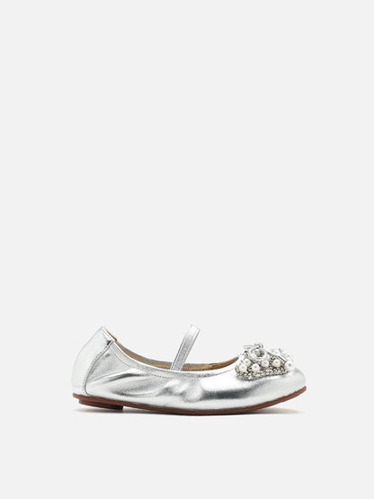 PAZZION, Mini Zoelle Pearls and Crystal Encrusted Flats, Silver