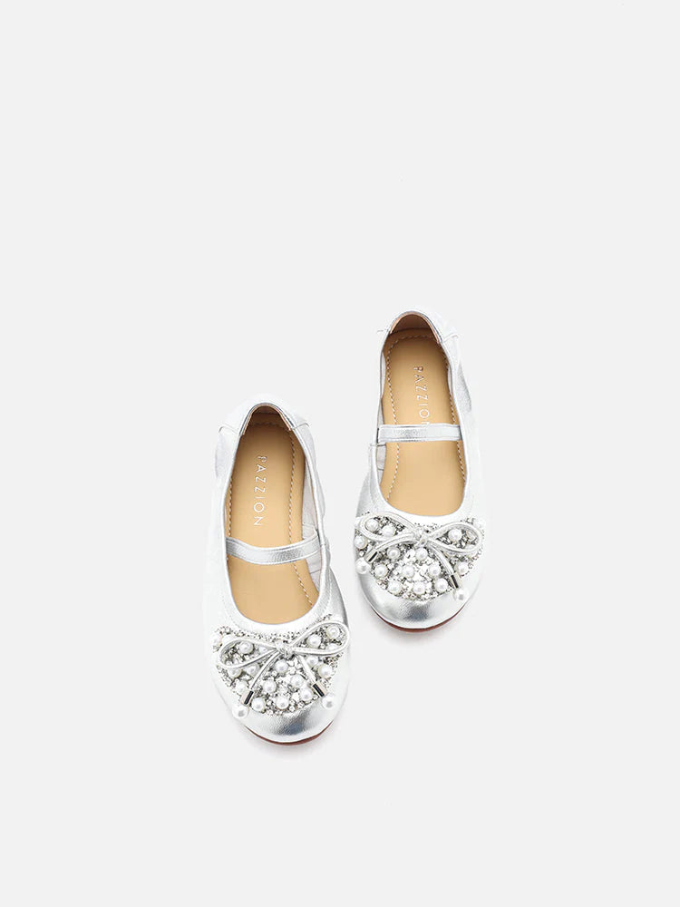 PAZZION, Mini Zoelle Pearls and Crystal Encrusted Flats, Silver