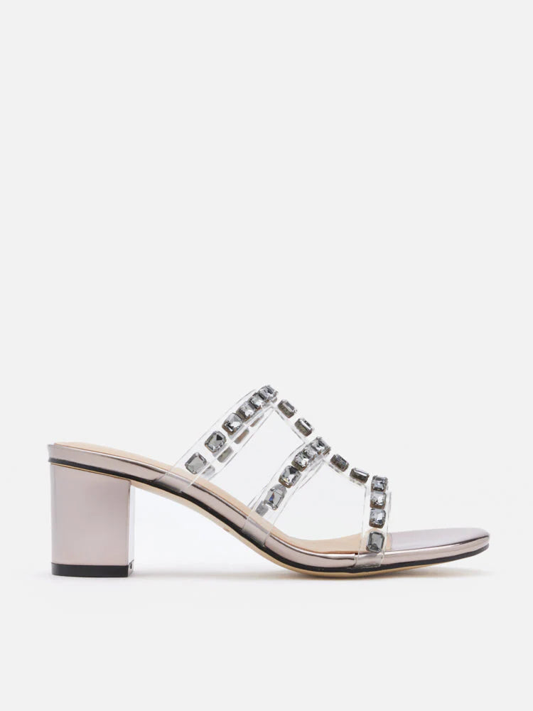 PAZZION, Miuccia Diamante Embellished Block Heel Sandals, Pewter