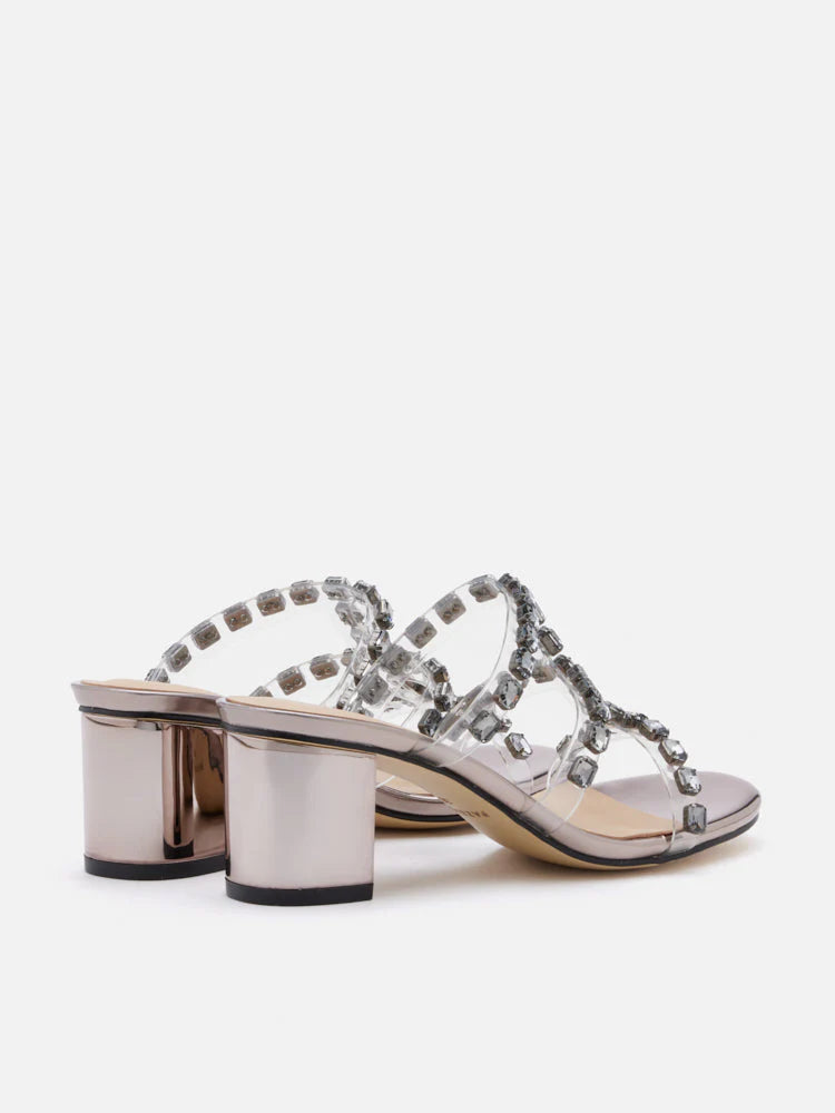 PAZZION, Miuccia Diamante Embellished Block Heel Sandals, Pewter