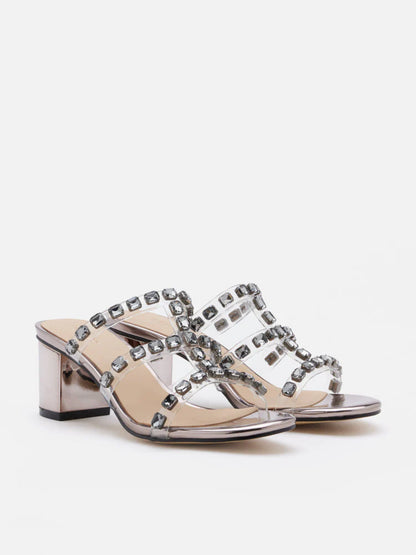 PAZZION, Miuccia Diamante Embellished Block Heel Sandals, Pewter