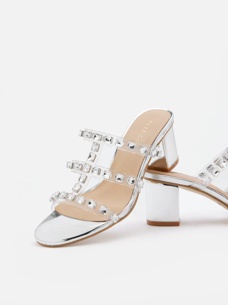 PAZZION, Miuccia Diamante Embellished Block Heel Sandals, Silver