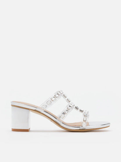 PAZZION, Miuccia Diamante Embellished Block Heel Sandals, Silver