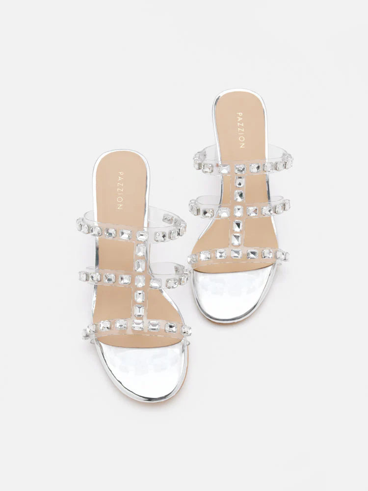 PAZZION, Miuccia Diamante Embellished Block Heel Sandals, Silver