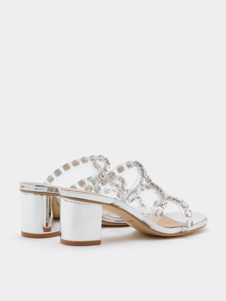 PAZZION, Miuccia Diamante Embellished Block Heel Sandals, Silver