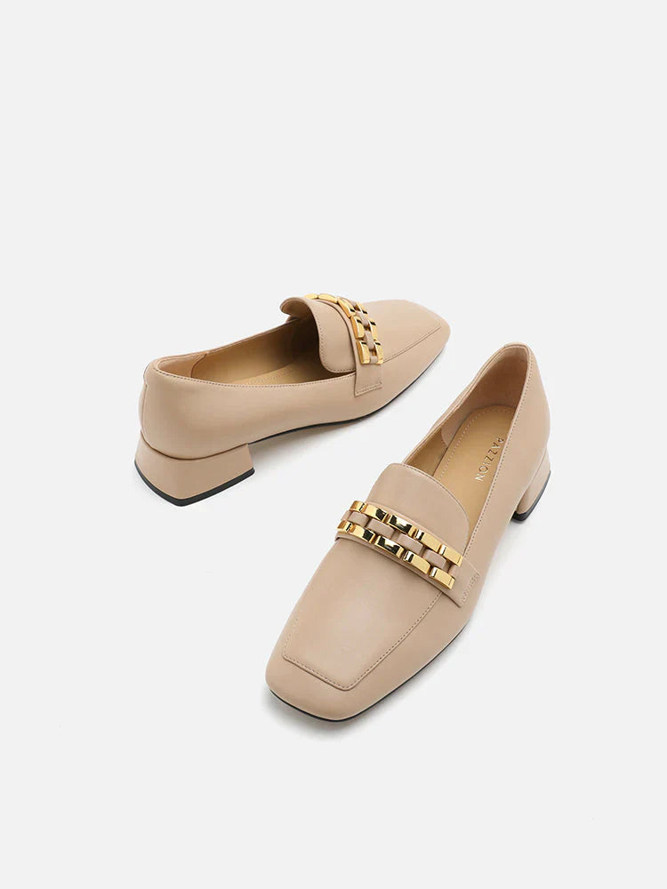 PAZZION, Monica Double Woven Chain Heel Loafers, Almond