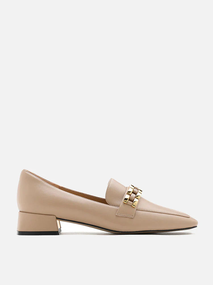 PAZZION, Monica Double Woven Chain Heel Loafers, Almond