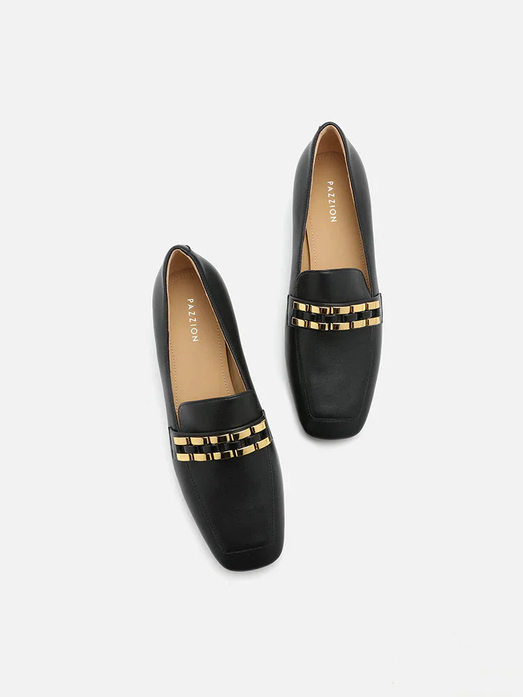 PAZZION, Monica Double Woven Chain Heel Loafers, Black