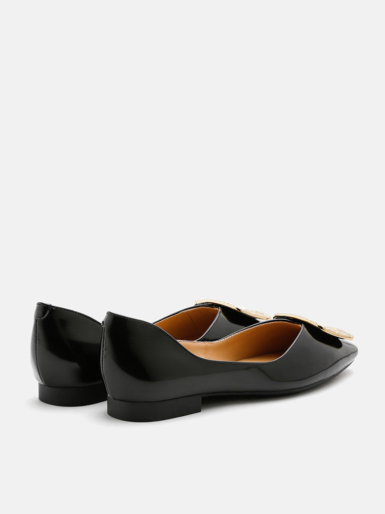 PAZZION, Mura Gold Buckle Shiny Leather Flats, Black