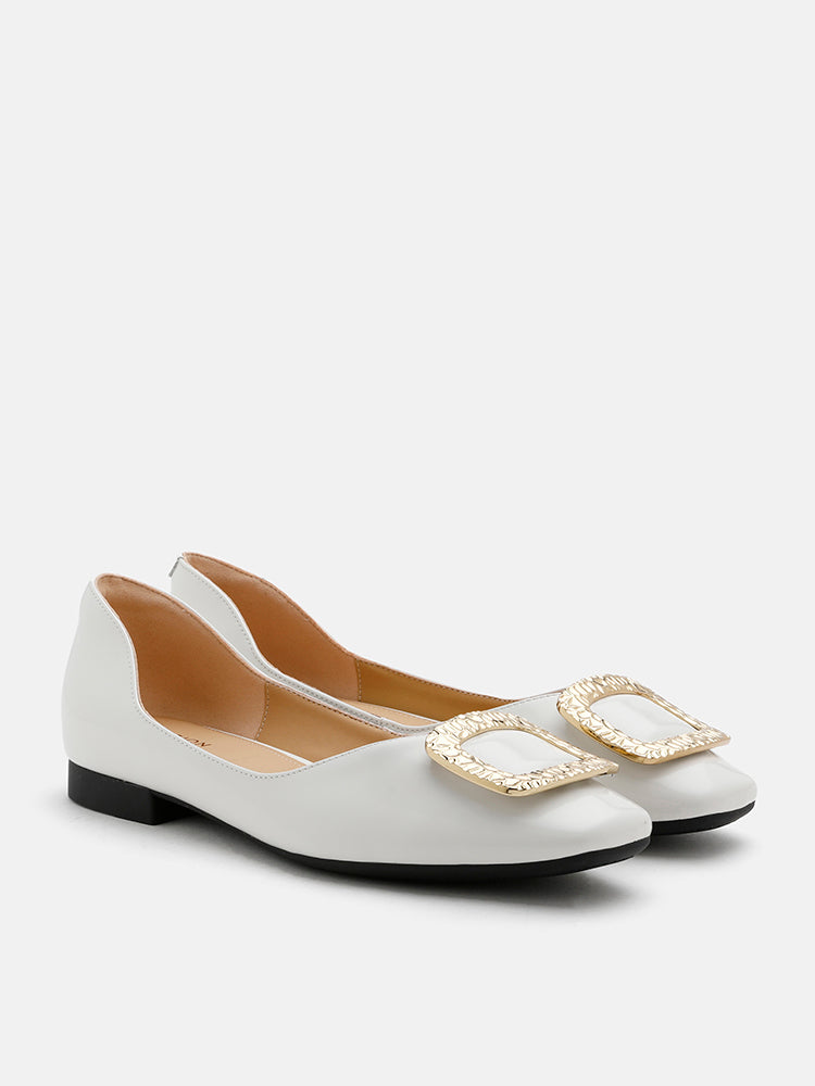 PAZZION, Mura Gold Buckle Shiny Leather Flats, White