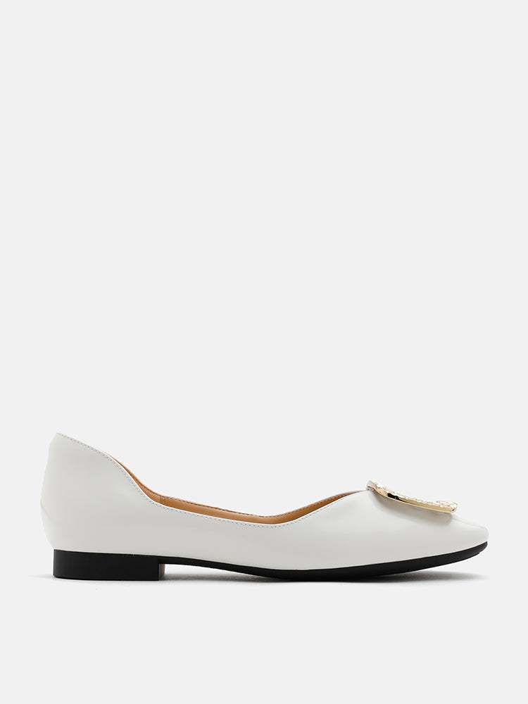 PAZZION, Mura Gold Buckle Shiny Leather Flats, White