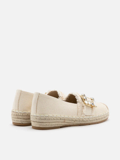 PAZZION, Nancy Crystal Embellished Buckle Espadrilles, Beige