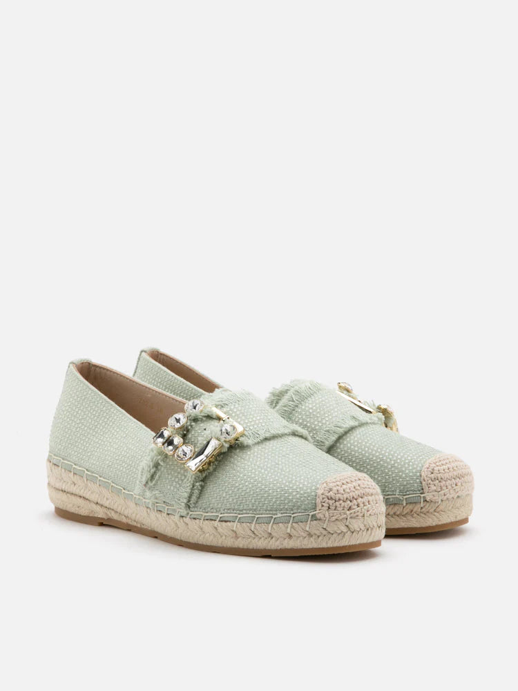 PAZZION, Nancy Crystal Embellished Buckle Espadrilles, Green