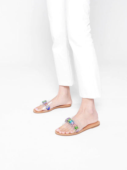 PAZZION, Naomi Crystal Embellished Clear Strap Sandals, Rainbow