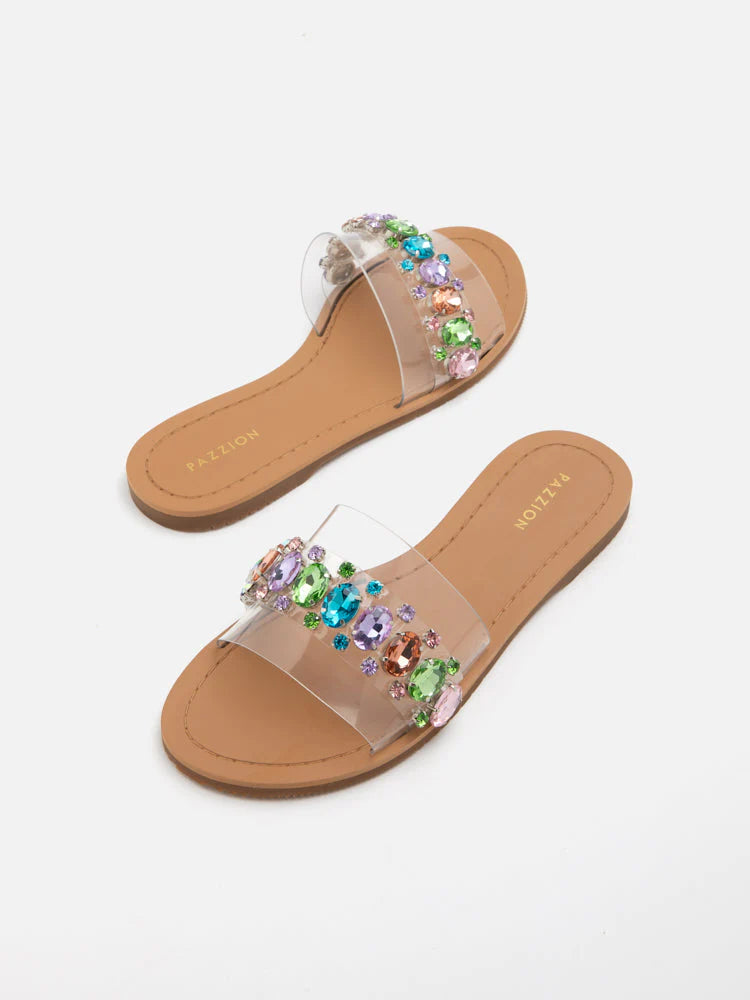 PAZZION, Naomi Crystal Embellished Clear Strap Sandals, Rainbow