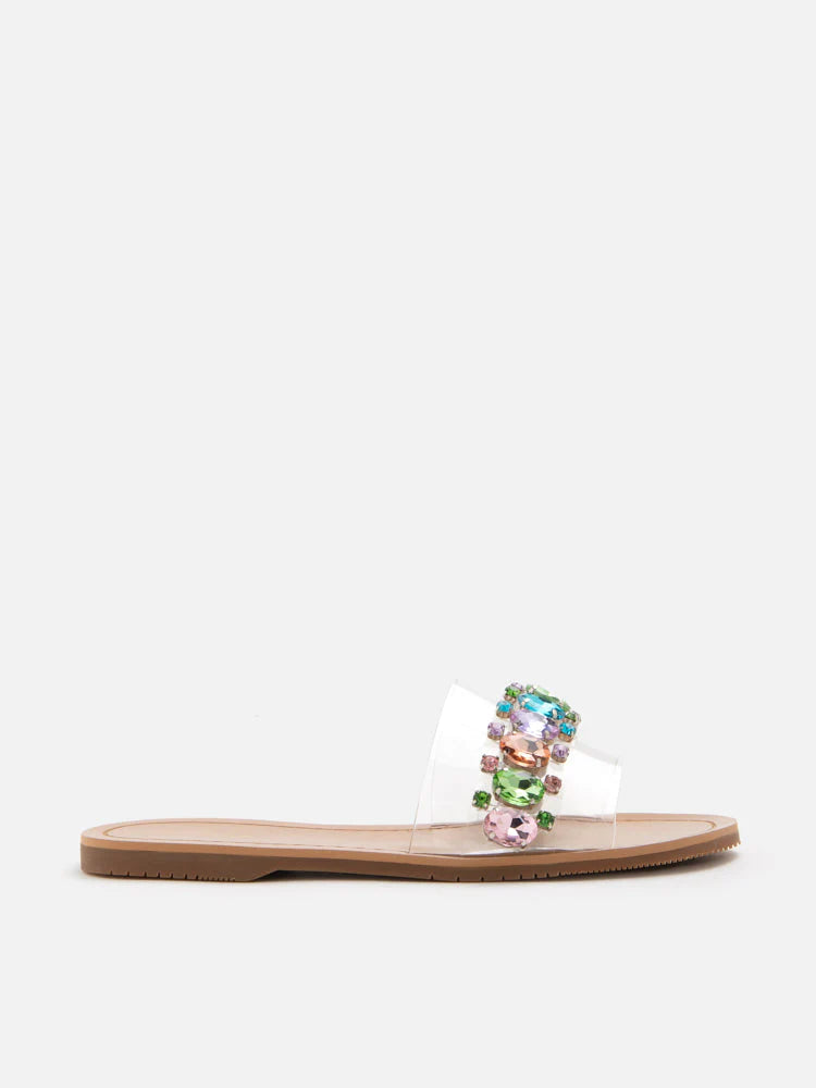 PAZZION, Naomi Crystal Embellished Clear Strap Sandals, Rainbow