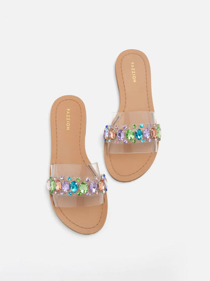 PAZZION, Naomi Crystal Embellished Clear Strap Sandals, Rainbow