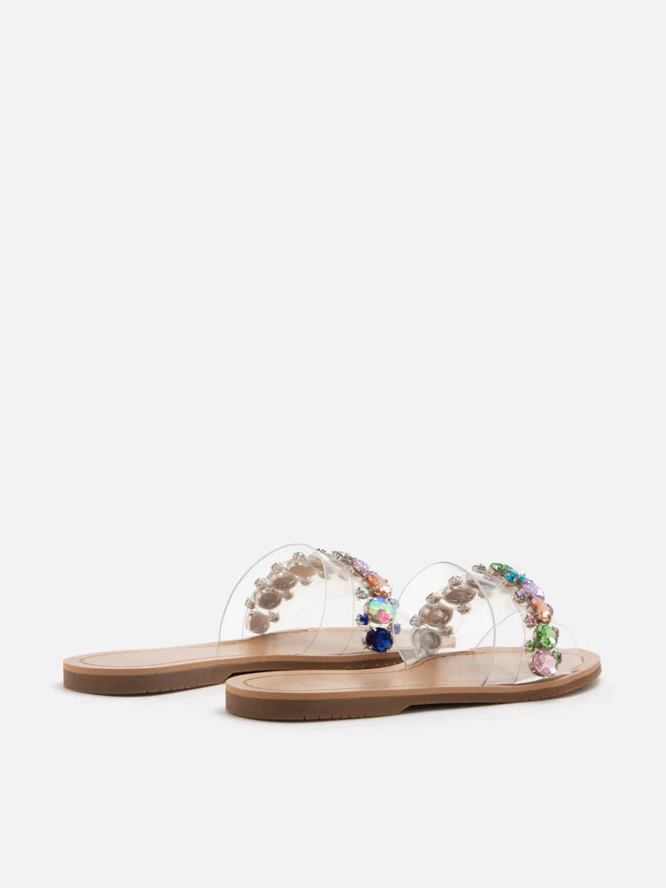 PAZZION, Naomi Crystal Embellished Clear Strap Sandals, Rainbow