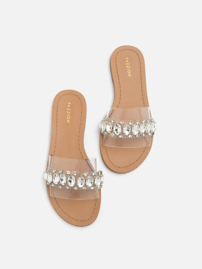 PAZZION, Naomi Crystal Embellished Clear Strap Sandals, Silver