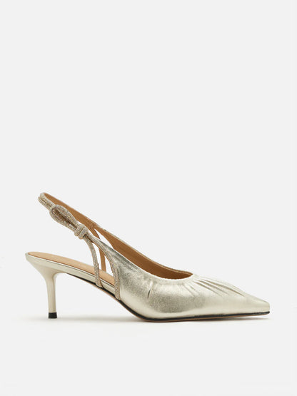 PAZZION, Natalia Ruched Crystal Slingback Heels, Gold