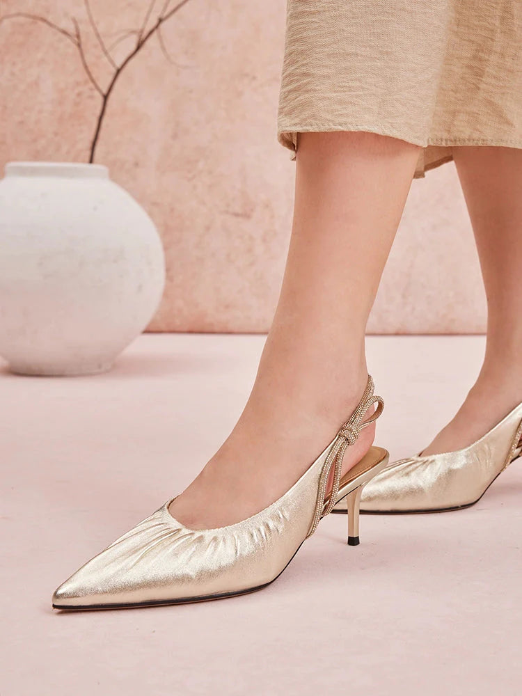 PAZZION, Natalia Ruched Crystal Slingback Heels, Gold
