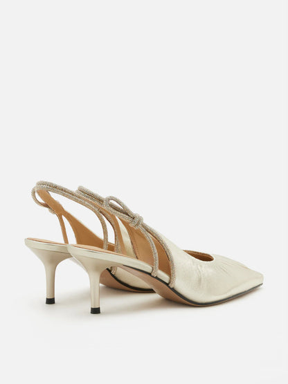 PAZZION, Natalia Ruched Crystal Slingback Heels, Gold