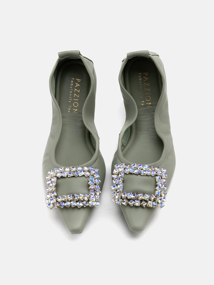 PAZZION, Odessa Embellished Buckle Foldable Flats, Green