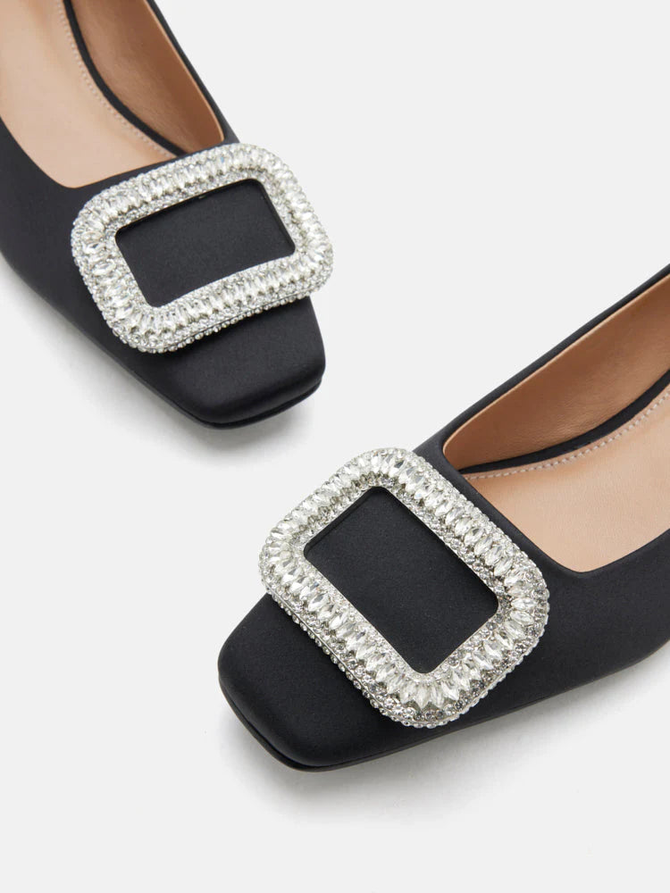 PAZZION, Olea Crystal Embellished Buckle Heels, Black