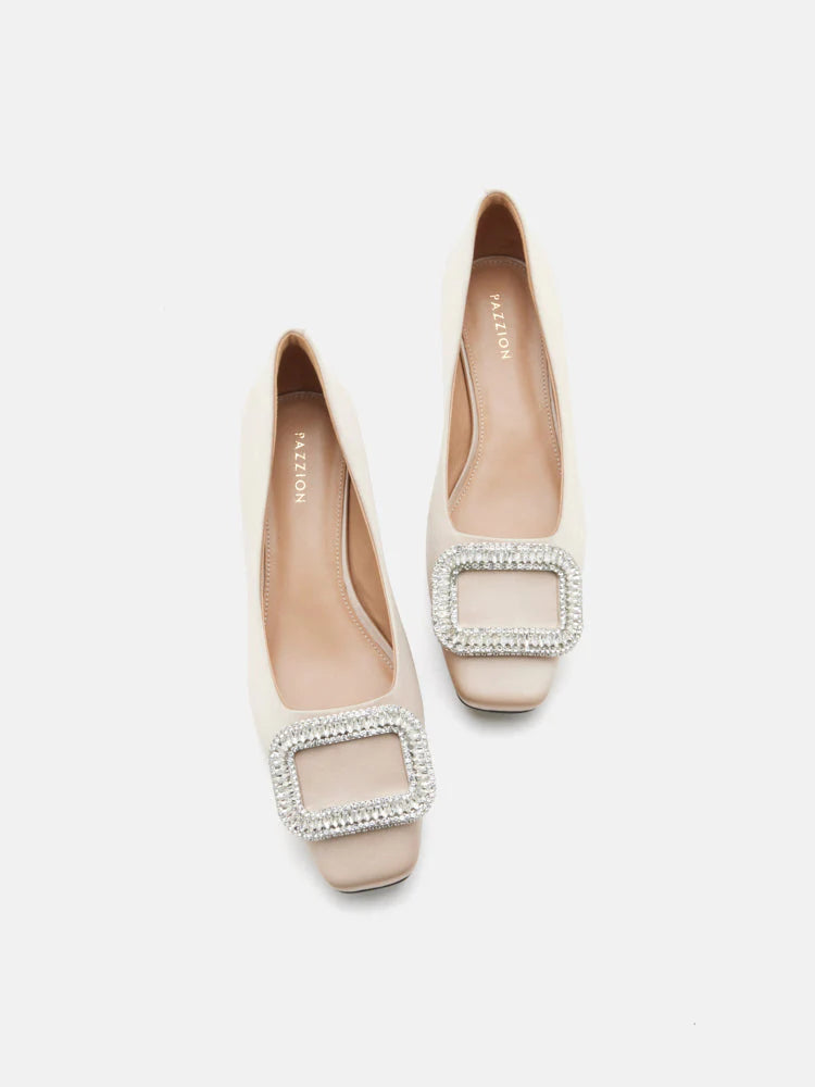 PAZZION, Olea Crystal Embellished Buckle Heels, Champagne