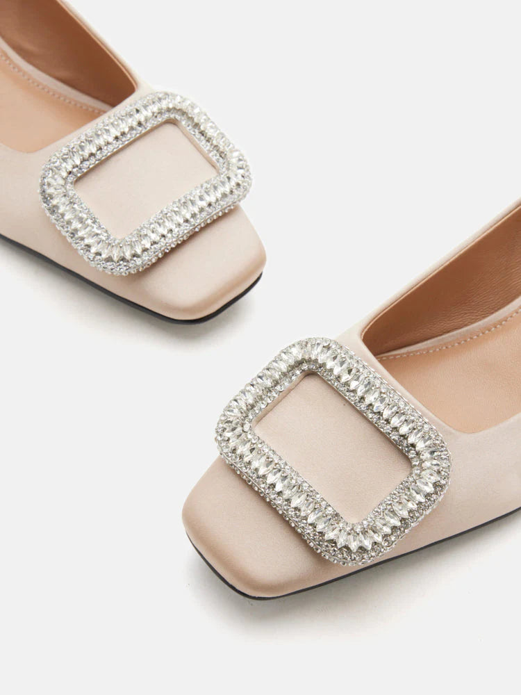 PAZZION, Olea Crystal Embellished Buckle Heels, Champagne