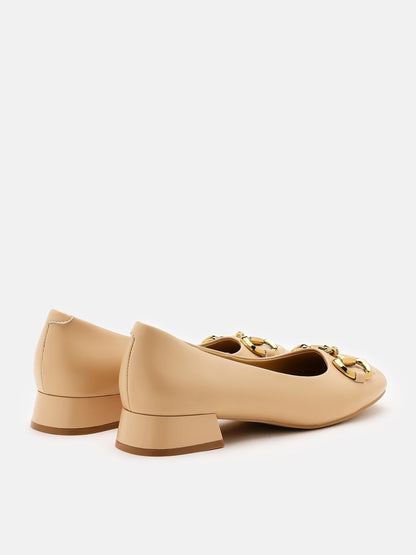 PAZZION, Oli Horsebit Low Block Heels, Almond