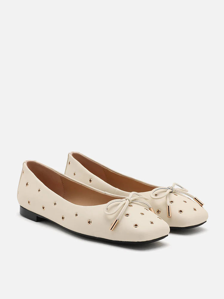 PAZZION, Olympia Eyelet and Bow Square Toe Flats, Beige