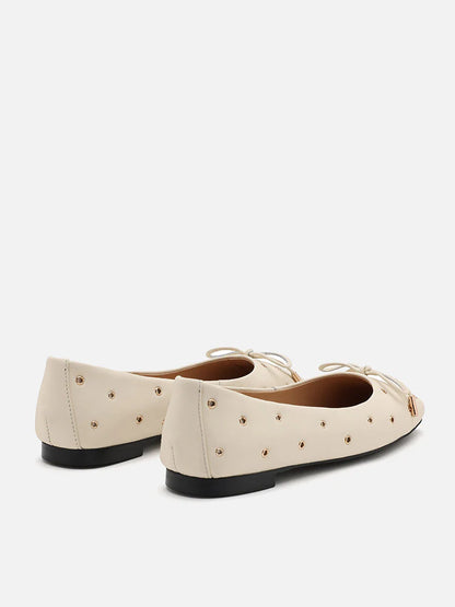 PAZZION, Olympia Eyelet and Bow Square Toe Flats, Beige